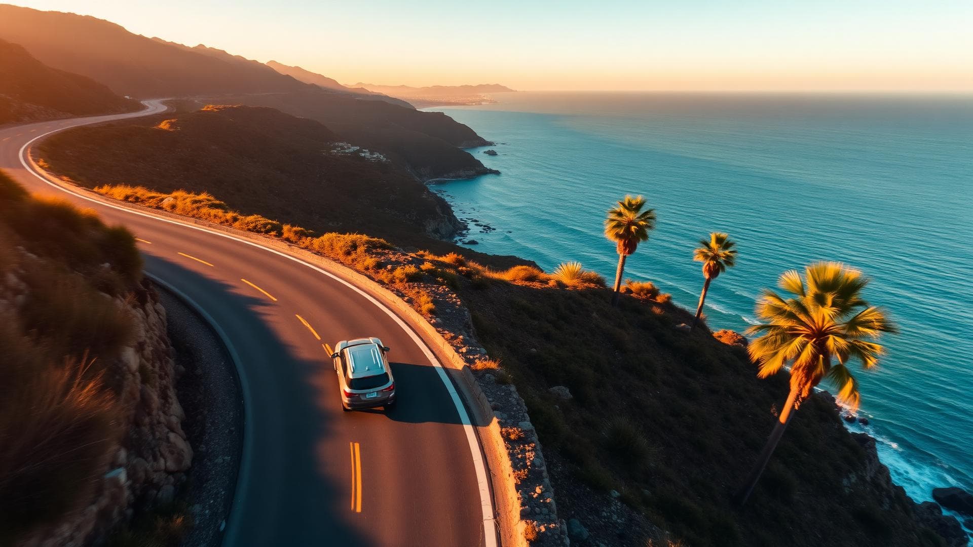 Luxury SUV on a scenic coastal road at golden hour